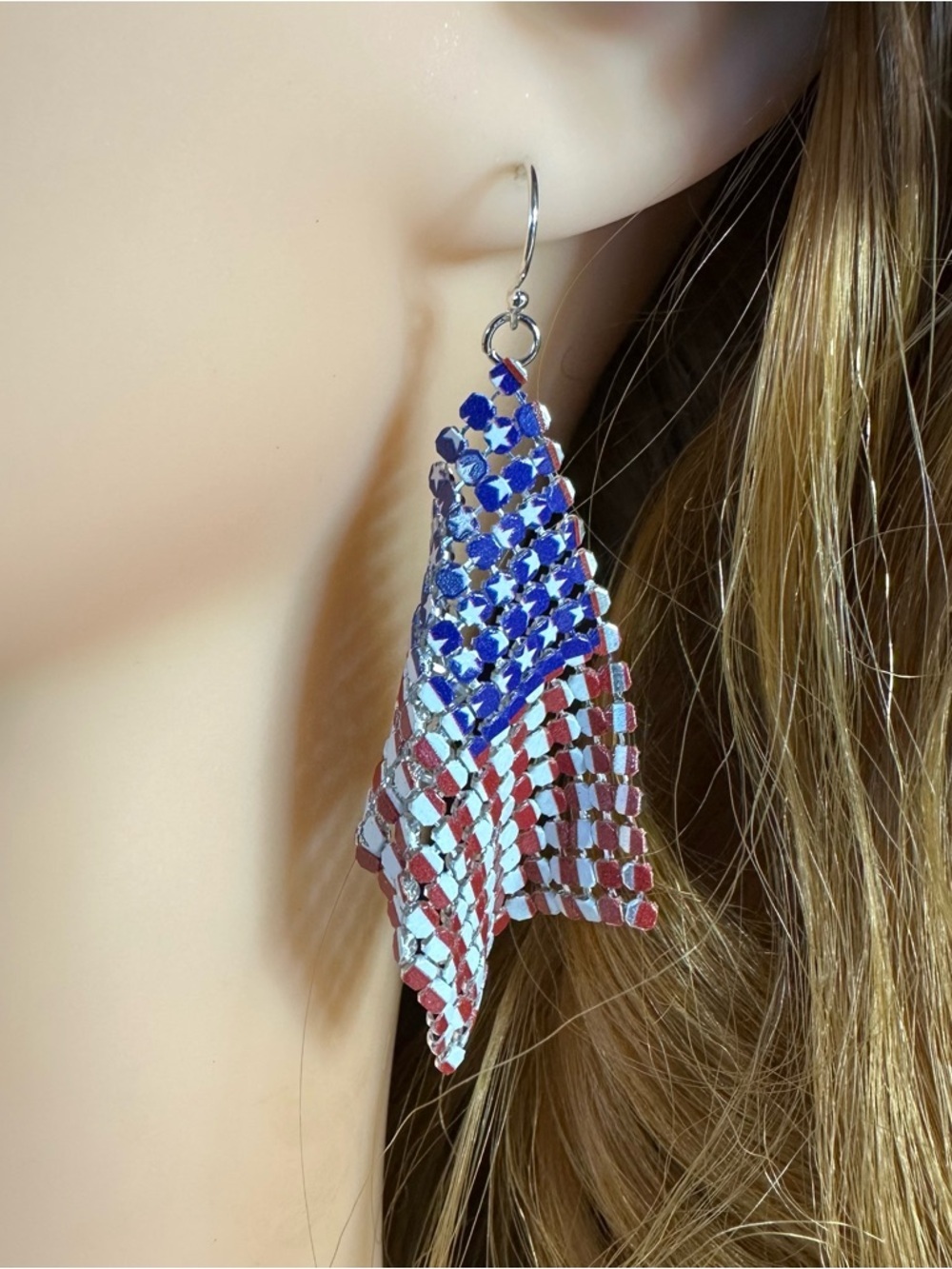 Patriotic Dangle Earrings Red White Blue American Flag 925 Hooks Statement